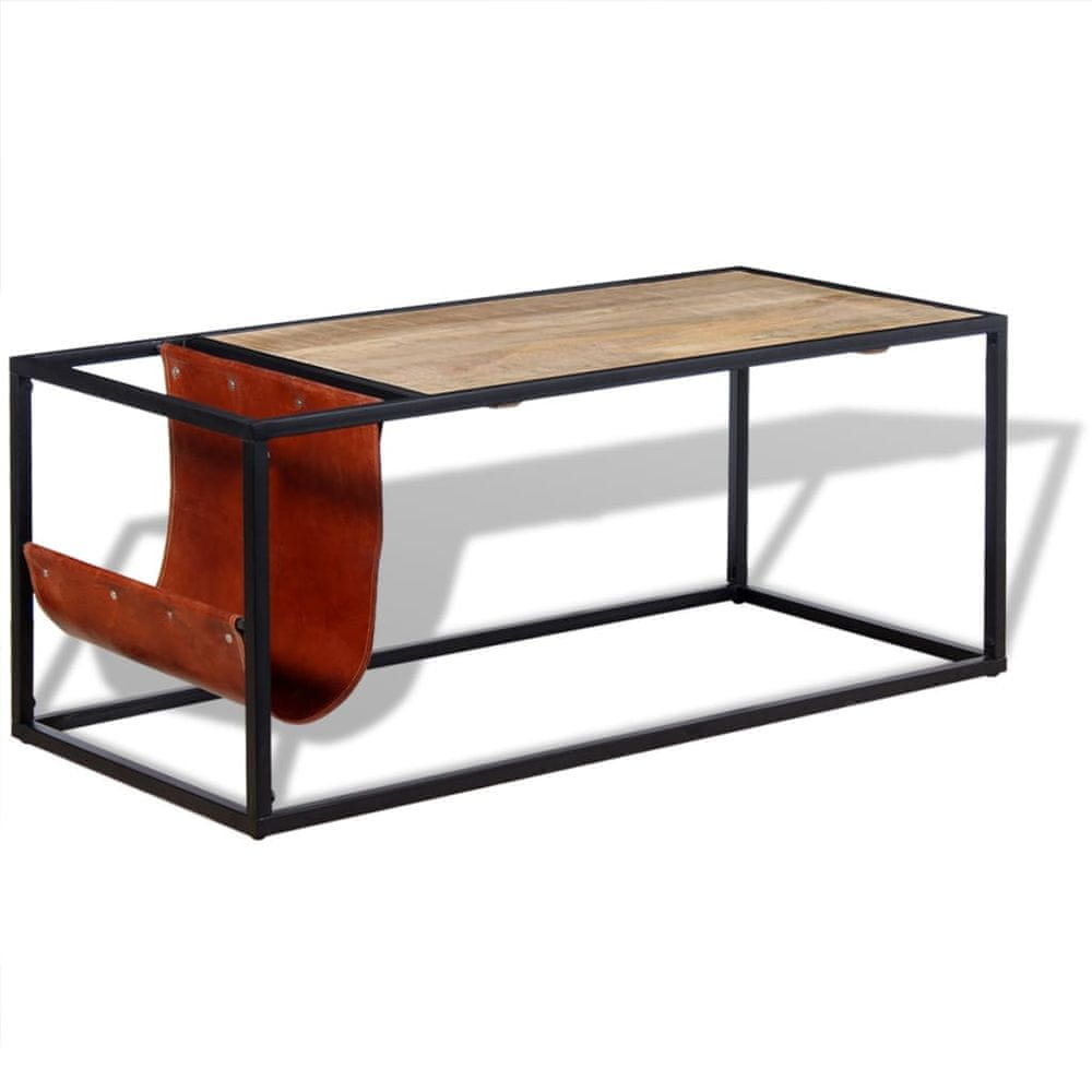 Vidaxl Konferenčný stolík s držiakom na časopisy z pravej kože, 110x50x45 cm